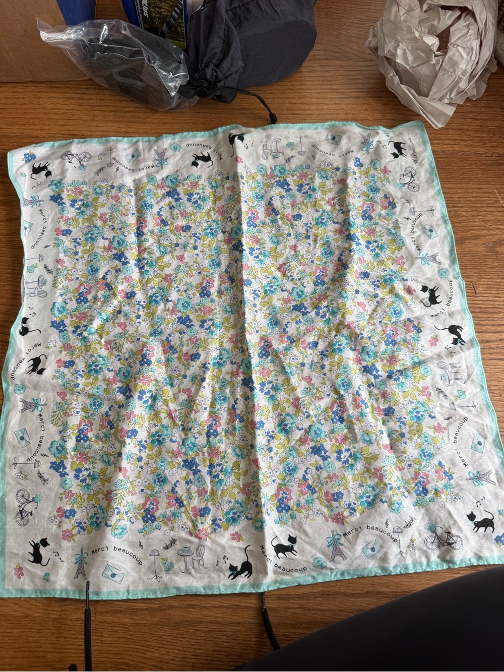 Vintage UP Renoma cotton scarf with Eiffel Tower, flower, black cat motif
